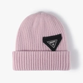 Pink ribbed knit winter beanie with double-layer thickening and HAPPY logo patch - One Size / Pink