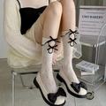 White lace mid-calf socks with black bow detail and chunky platform loafers shoes - One Size / White with Black Bow