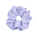 Detailed close-up of a 14cm elastic light purple satin scrunchie with silky luster texture - Satin Style / Lavender