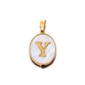 Detailed macro of gold oval pendant with white shell inlay and 3D metal letter Y - Gold Letter Y