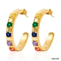 Golden C-shaped stainless steel earrings with colorful zircon stones and high polished finish - Colorful Zirconia (KDE744)