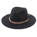 Close-up of black straw sun hat featuring colorful beaded band and hemp rope detailing - One Size / Black