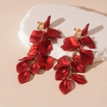 Detail of dark red matte acrylic petal earrings with long metal chain tassels and ear clips - Red Petal Clip-on Earrings