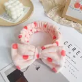 Soft pink plush bow headband with red polka dots for makeup and skincare routine - Pink Red Polka Dot