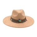 Cappello fedora beige con fascia di perline bohémien e pietra turchese in stile western - Taglia unica / Cammello
