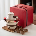 Ceramic tea set with side-handle pot in a red square carrying case for home use - Hermit Jar Pot Tea Set (Red) Gift Box / 1 Pot 4 Cups + Stove + Grill + Base + Red Case