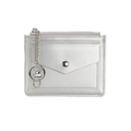 Silver metallic leather coin purse with keychain chain and front snap button pocket - Silver
