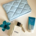 Blue and white checkered quilted cosmetic bag with zipper for travel organization - Lipstick Pouch / Blue Plaid
