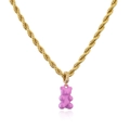 Nahaufnahme der 18k vergoldeten Kordelkette mit lila Bärenanhänger und Pavé-Zirkonia - Gold Rosa