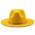 Elegant bright yellow wool fedora hat with a delicate gold chain trim for women - M (56-58cm) / Yellow