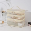 Three-layer beige mesh toiletry bag with portable handle for large capacity travel storage - Triple Layer / Beige