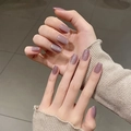 Short square grey-purple cat eye press-on nails with shimmering gradient finish - By1720 Lightly Brushed Eyebrows / Phototherapy Glue Style