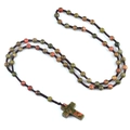 Handmade Unakite stone bead necklace featuring a cross pendant and woven rope cord - Unakite