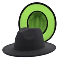 Close-up of black wool fedora with vibrant neon green contrasting underside on the wide brim - M (56-58cm) / Black + Green