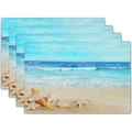 Close-up of four rectangular placemats featuring seaside shells and ocean beach scenery - Coastal View