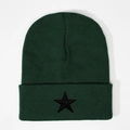 Close-up of black star embroidery on the forest green ribbed knit winter beanie hat - Dark Green