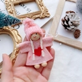 Handmade pink knitted girl doll ornament with wooden head and heart detail for Christmas - Pink Knit Red Heart Dress Doll (A5)