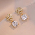 Elegant gold flower stud earrings with micro-p鑲 cubic zirconia and square clear stones - Floral Square Main Stone Style (E0672) / Gold