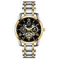 ORUSS Men's Skeleton Watch with Two-Tone Stainless Steel Band and Black Dial - Two-tone Black Luminous