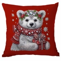 Red Christmas pillow cover featuring a polar bear with jewels and a gift box - Christmas Polar Bear