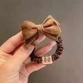 Brown plush bow hair tie with Hand Made label and accordion elastic scrunchie - Coffee Suede Bow