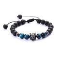 Close-up of adjustable bead bracelet with metal wolf head, tiger eye and lava stones - Type B Lava Stone + Light Blue Tiger Eye