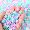 Pink, blue and purple mixed half-round pearls and resin rhinestones for nail art DIY - Half-round Pearl Mixed With Light Blue Ab Series - C / 30 g