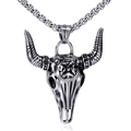 Vintage punk style bull skull pendant necklace with box chain and floral engraving - Bull Head