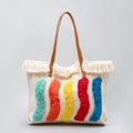 Beige canvas tote bag with multi-color fringe stripes and brown leather straps - Colorful Wave Pattern