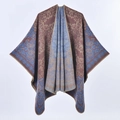 Close-up of double-sided paisley shawl showing brown and blue patterns in soft knit fabric - Blue Coffee Paisley Pattern / 130x150cm