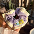 Patchwork lavender and yellow plaid scrunchie with colorful buttons and star embroidery - Yellow White Plaid Scrunchie with Buttons and Star Label