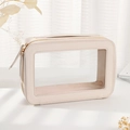 Beige PU leather waterproof toiletry bag with large transparent window and gold zipper - Single Layer / Off White