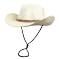 Breitkrempiger Stroh-Cowboyhut in Creme mit Boho-Perlenband und verstellbarem Band - M (56-58cm) / Cremeweiß