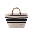 Borsa tote intrecciata a righe beige e nere con manici in bambù e dettagli in pelle - Manico in bambù piatto 45cm alto 28cm / Crema con Nero