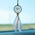 Blue dream catcher car mirror pendant with bronze deer charm and white feathers - Safe Journey Deer - Blue White