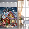 Detail of Christmas shower curtain with cabin and Santa Claus holiday print design - 181x188cm / Santa Claus and Snowman Snow Scene (25SYL-2)