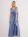 Elegant grey-blue sleeveless long dress featuring deep V-neck and pleated waist details - S / Sky Blue