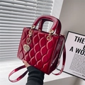 Red patent leather quilted handbag with wave stitching and gold heart charm - Large / Red
