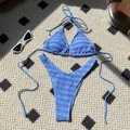 Light blue smocked bikini set with halter top and high-cut bottoms for a summer vacation look - S / Lake Blue