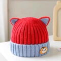 Cute red and blue knit baby hat with cat ears and lion patch for autumn and winter - Reference Age: 3--36 Months/40-50cm / Red - Color Block Cat Ears