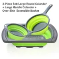 3-piece green silicone collapsible colander set including round, handle and sink strainer - 3-Piece Set (Large Round + Handle + Sink Basket) / Grey/Green