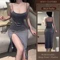 Sexy grijze satijnen nachtkledingset met nauwsluitende jurk en hoge zijsplit - Slippertje + Slipje / Grijs