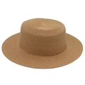 Detailed weave pattern on a classic brown straw boater hat with flat brim and crown - Khaki