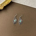 Detail of bohemian leaf earrings with turquoise gemstone and orange bead accents - 28# Ear Hook - Silver