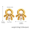 Detail of gold stainless steel multi-layer earrings with faux pearls and dimensions - Gold Octopus Pearl Earrings / Gold