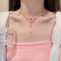 Elegant floral necklace featuring pink flower pendant with white pearl and crystal beads - Pink Flower Pearl Crystal (16#)