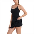 Black athletic mini dress with built-in shorts, pockets, and thin adjustable straps - S / Dresses / Black