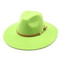 Detailed texture of neon green wool felt fedora with brown leather belt and buckle - M / Fruit Green