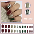 Christmas press-on nail set featuring red, green and gold festive tree patterns 24 pieces - Christmas Theme Contrast Color - Glue Style (W3096)