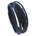 Detail of multi-layer blue leather bracelet with black wolf head charm and magnetic clasp - Wolf Head Dark Blue